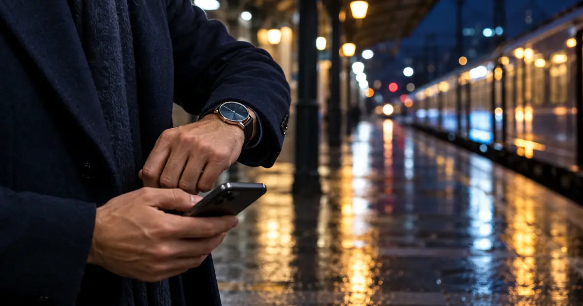 雨に濡れた夜の駅のホームで、紺のコートの男性が腕時計に目をやりながら、もう片方の手にスマホを持っている手元