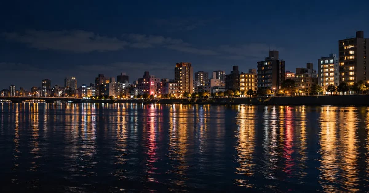 深夜の川沿いに、街のあかりが水面に映っている夜景