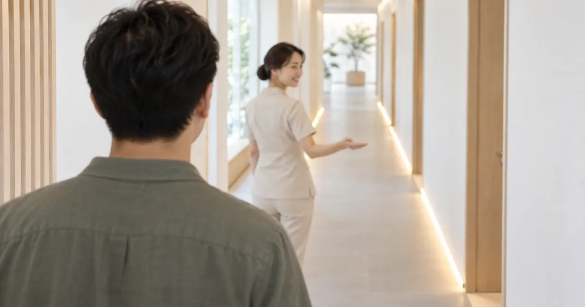 施術室へ続く明るい廊下で、制服のセラピストが笑顔で振り返り、お客様を案内しているところ