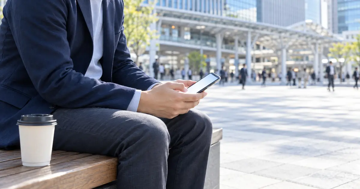 朝の博多駅前の広場のベンチで、紺のジャケットの男性がスマートフォンを見ている手元