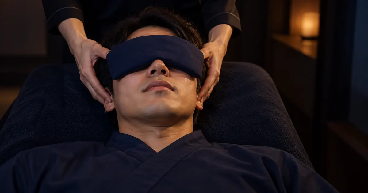 夜の施術室で、アイピローをのせて仰向けになったお客様の頭を、セラピストが両手の指でもみほぐしているところ