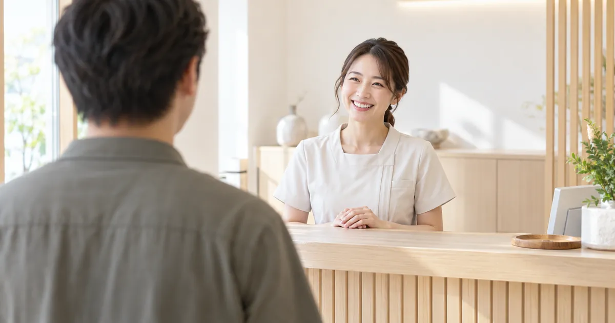 明るい受付で、制服のセラピストが笑顔でお客様を迎えているところ