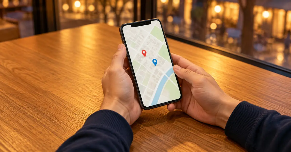 夕方のカフェの木のテーブルで、紺の袖の男性が両手で持つスマホの地図に、二つの印が並んでいる手元