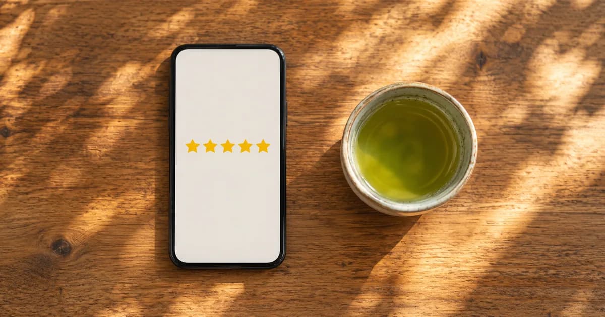 木漏れ日の落ちるカフェのテーブルで、星の評価が並んだスマートフォンの画面と湯のみを真上から見たところ