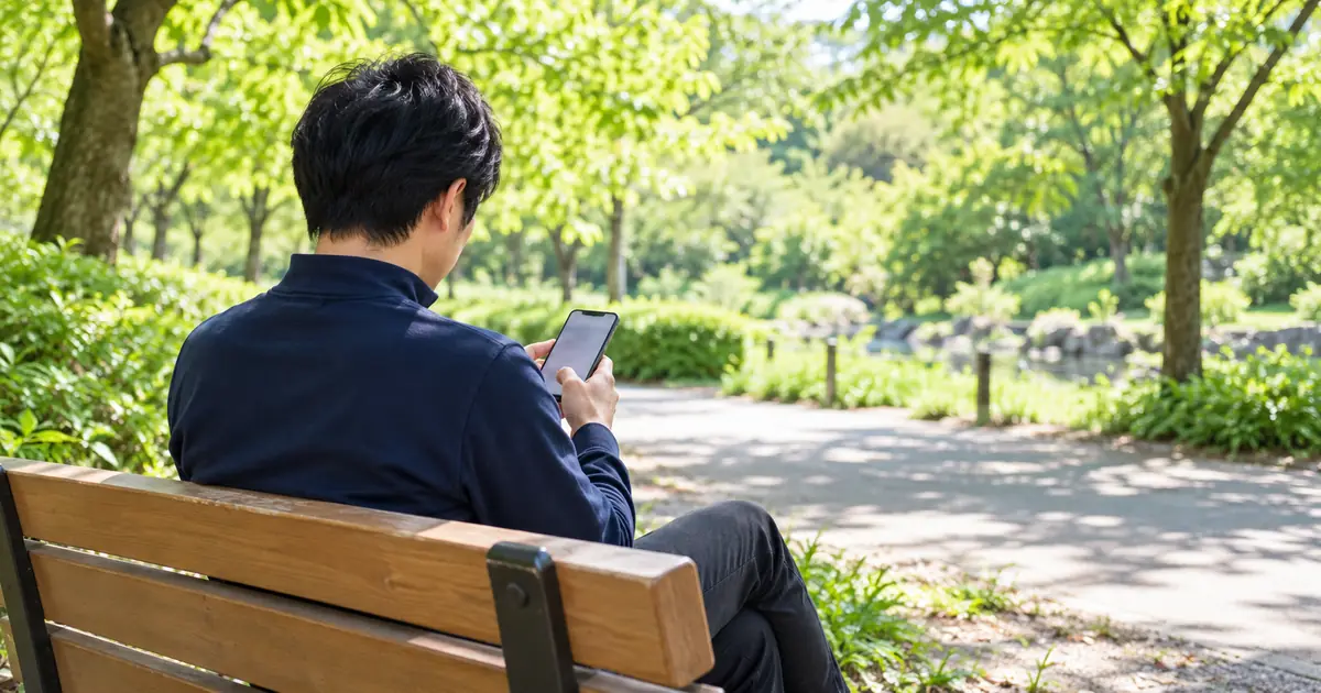 木漏れ日の公園の木のベンチで、紺の服の男性がスマホで調べものをしている斜め後ろ姿