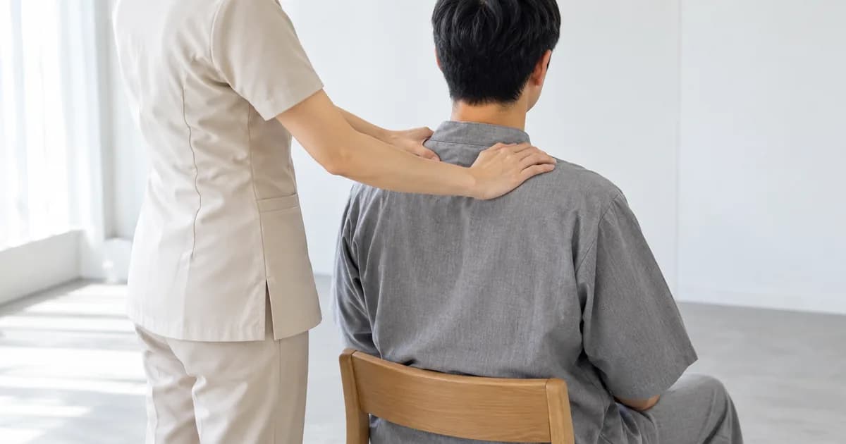 椅子に座った施術着のお客様の肩を、制服のセラピストが両手でほぐしているところ