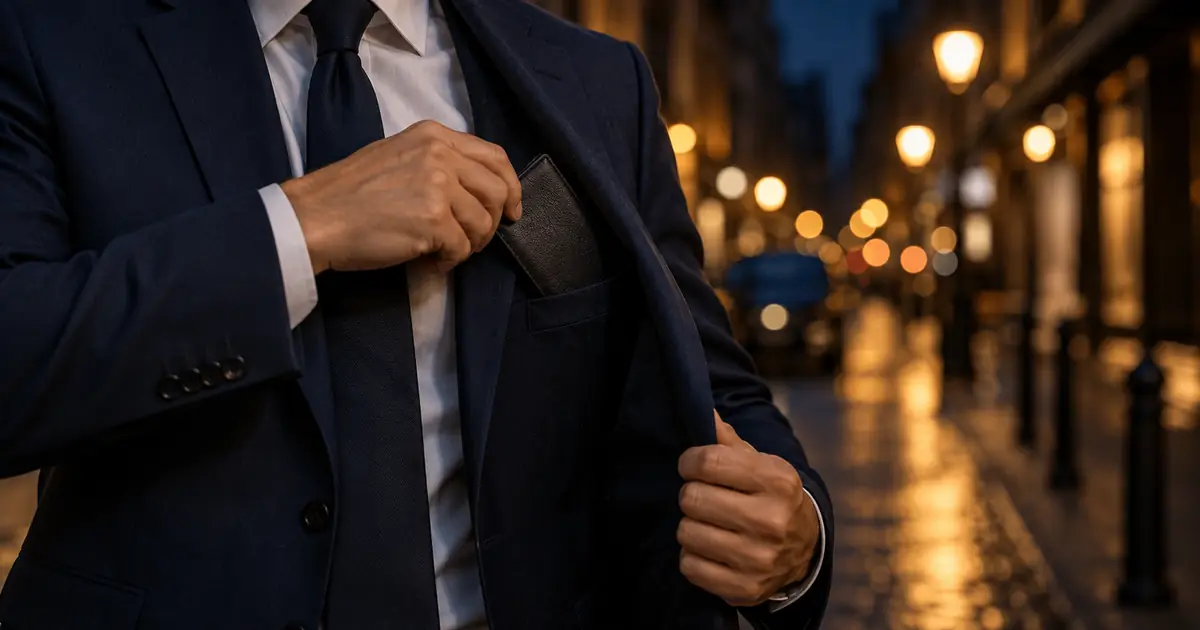 夜の街の灯りを背に、紺のスーツの男性が上着の内ポケットから閉じた黒い革のカードケースを取り出している手元