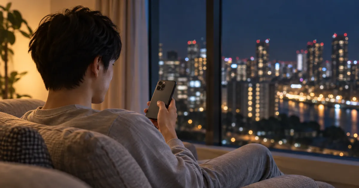 夜、街あかりの見える窓辺のソファで、男性がスマートフォンを見ているところ