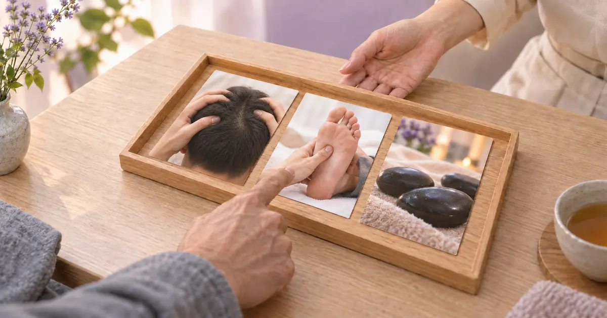 木のトレイに並んだオプションの写真カードから、お客様が一枚を指さして選んでいるところ