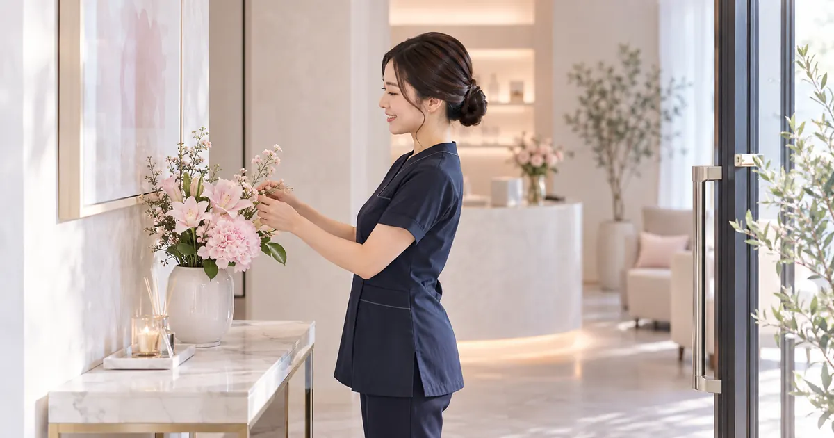 午後のお店の入口で、制服のセラピストが花瓶の花を整えながら、横を向いてほほえんでいるところ