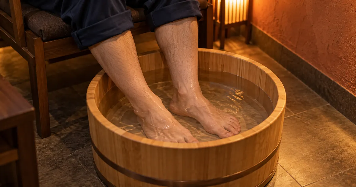 夕方の暖かい光の中、木の足湯おけに、施術着の裾をまくったお客様が両足をひたしているところ