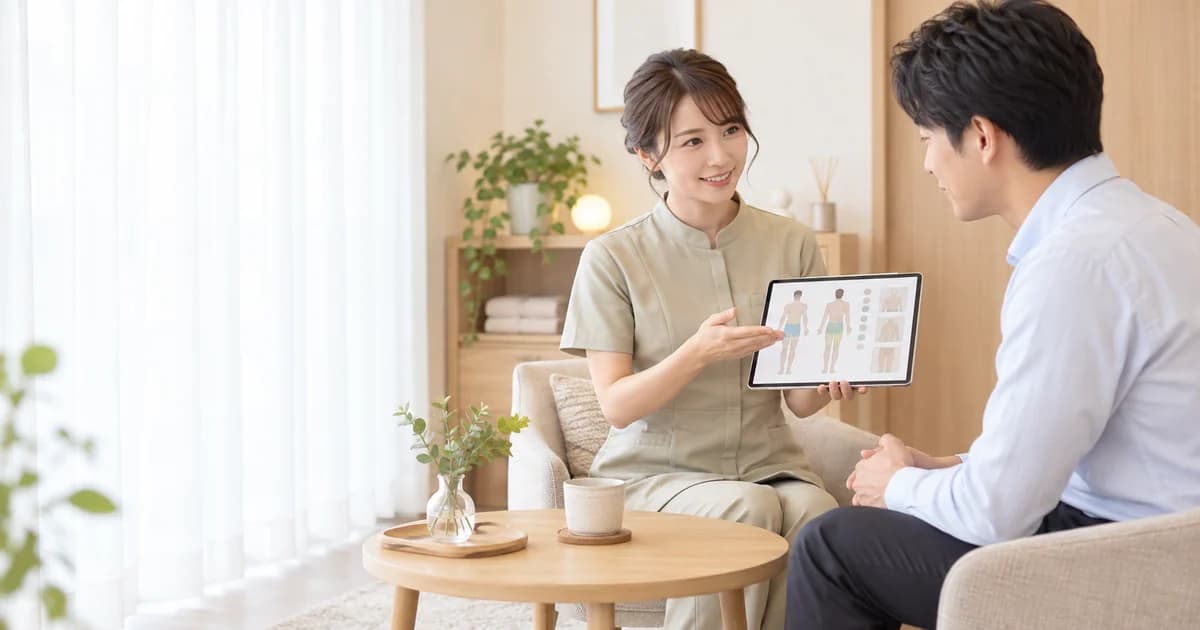 カウンセリングで、セラピストがタブレットの人体図を見せながらお客様に施術範囲を説明しているところ