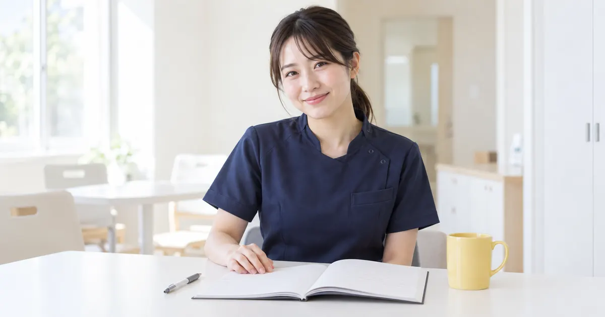 午前のスタッフルームで、制服のセラピストが講習のノートを広げてほほえんでいるところ