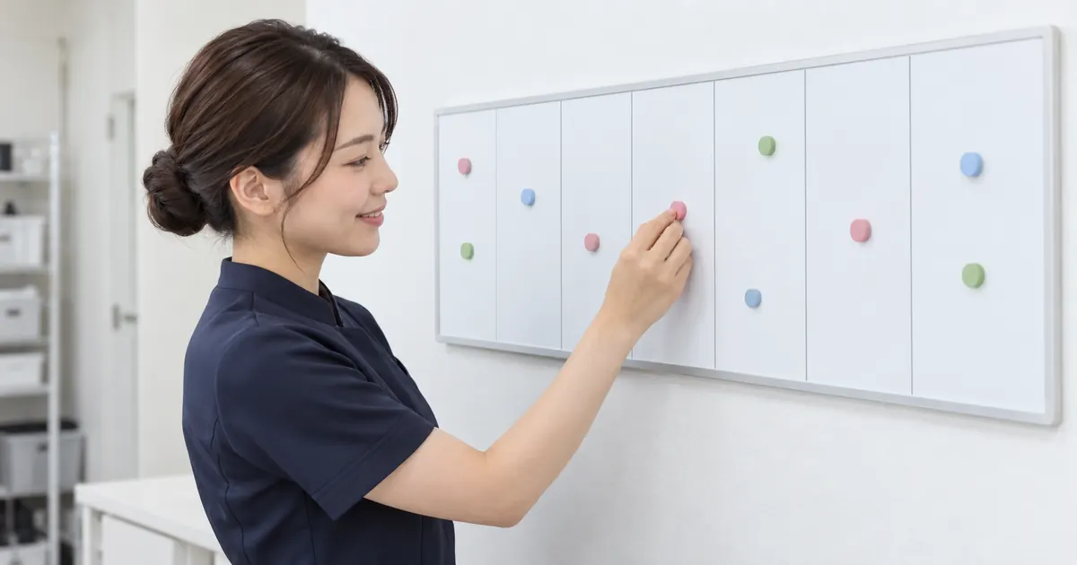 お店の裏の壁のボードに、制服のセラピストがほほえみながら色つきのマグネットを置いているところ
