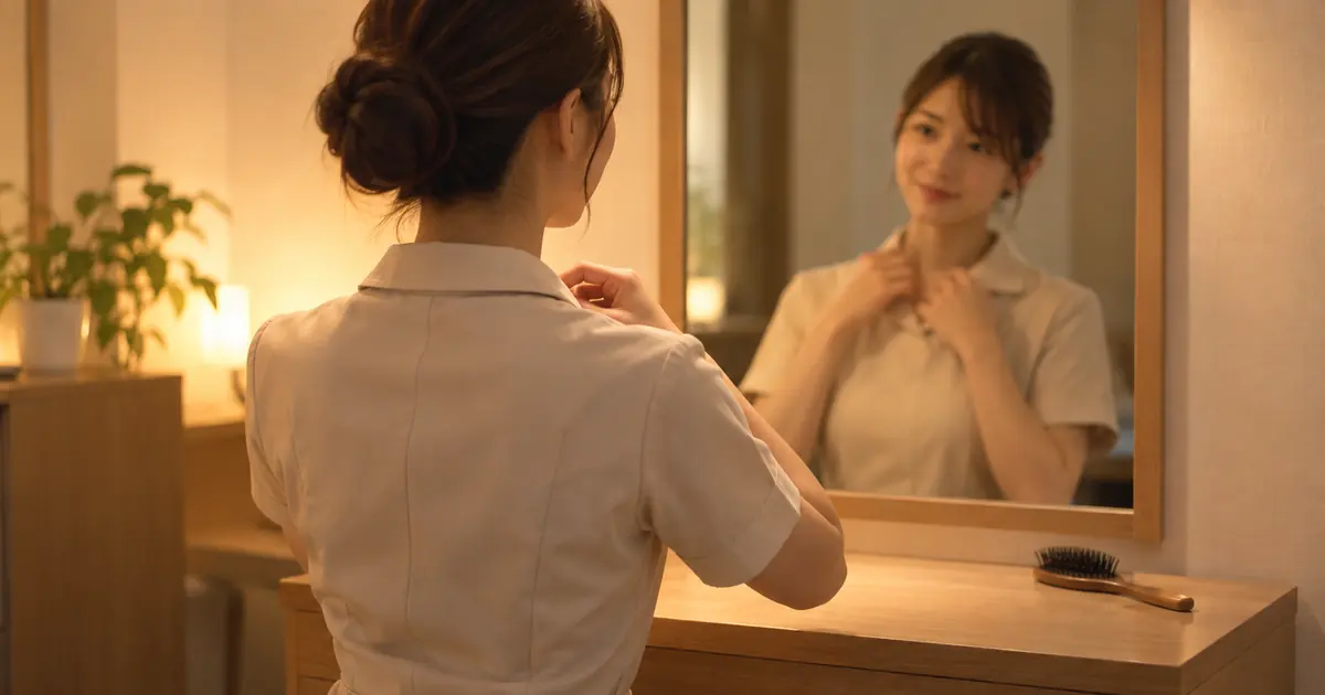 控え室の鏡の前で、制服のセラピストが襟を整えながらほほえんでいるところ