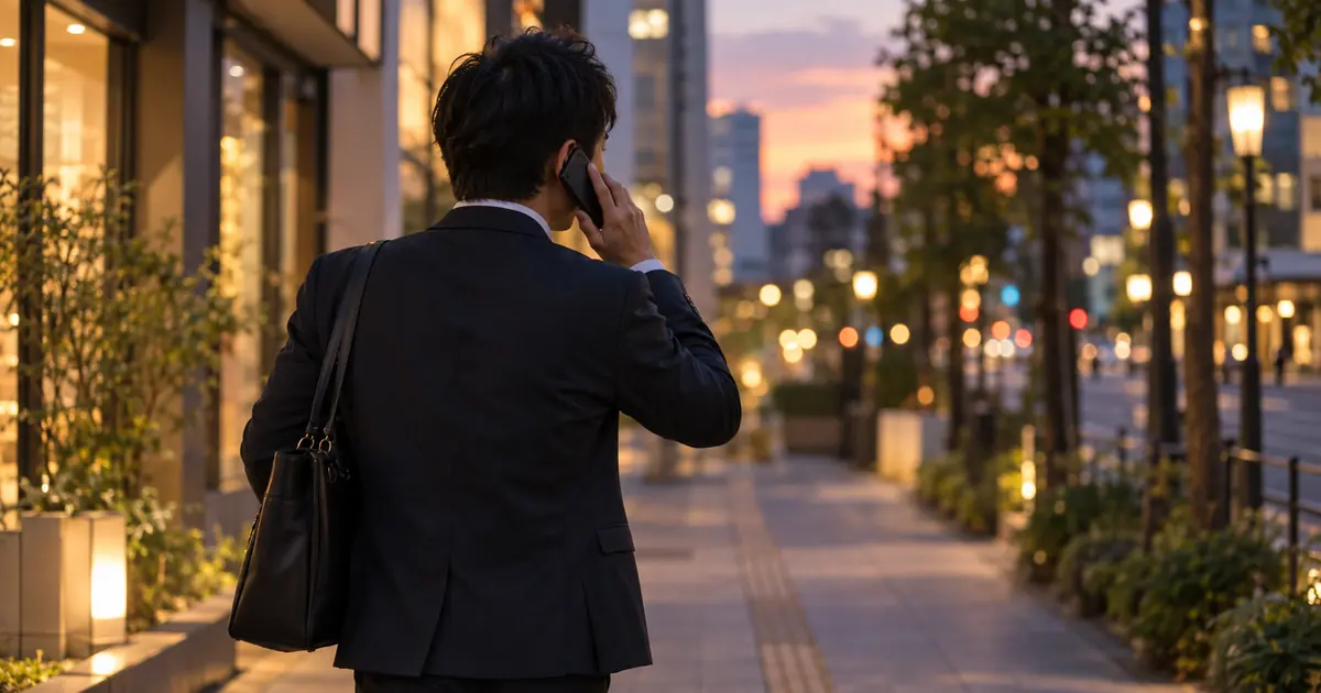夕方の街の歩道で、仕事帰りの男性がスマートフォンを耳に当てて電話をかけているところ