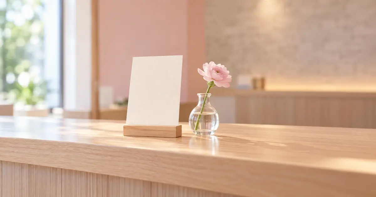 昼下がりの受付カウンターに置かれた木の値札立てと、そのそばの小さな花瓶の一輪の花