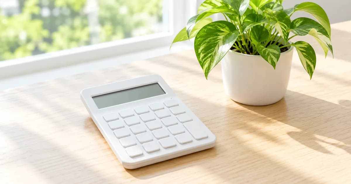 明るい窓辺の木のテーブルに置かれた電卓と、そのそばの小さな観葉植物