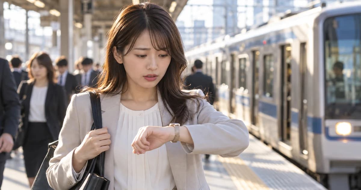 朝の駅のホームで、腕時計に目をやりながら電車を待っている女性を正面から