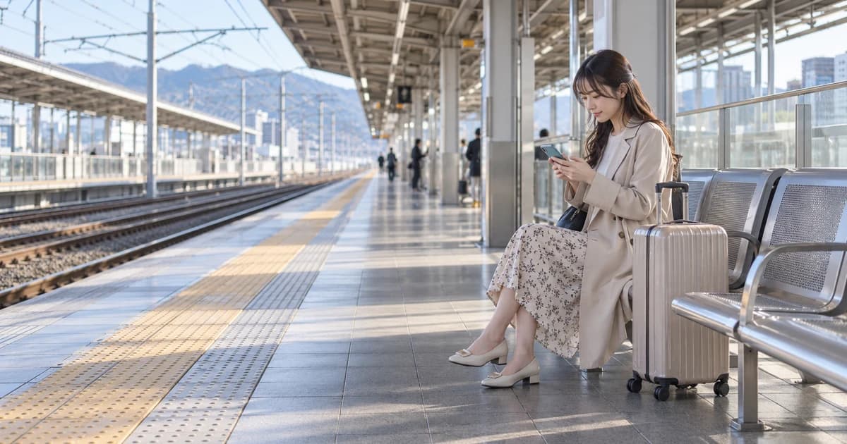 新幹線のホームで、ベンチに座ってスマホで地図を見ている女性を横から