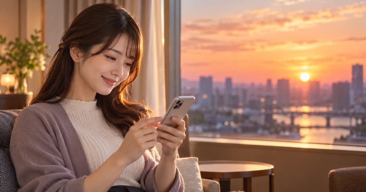 夕方の控え室の窓際で、スマホの画面を見ながらほっとした表情で笑う女性を、少し離れた斜め横から