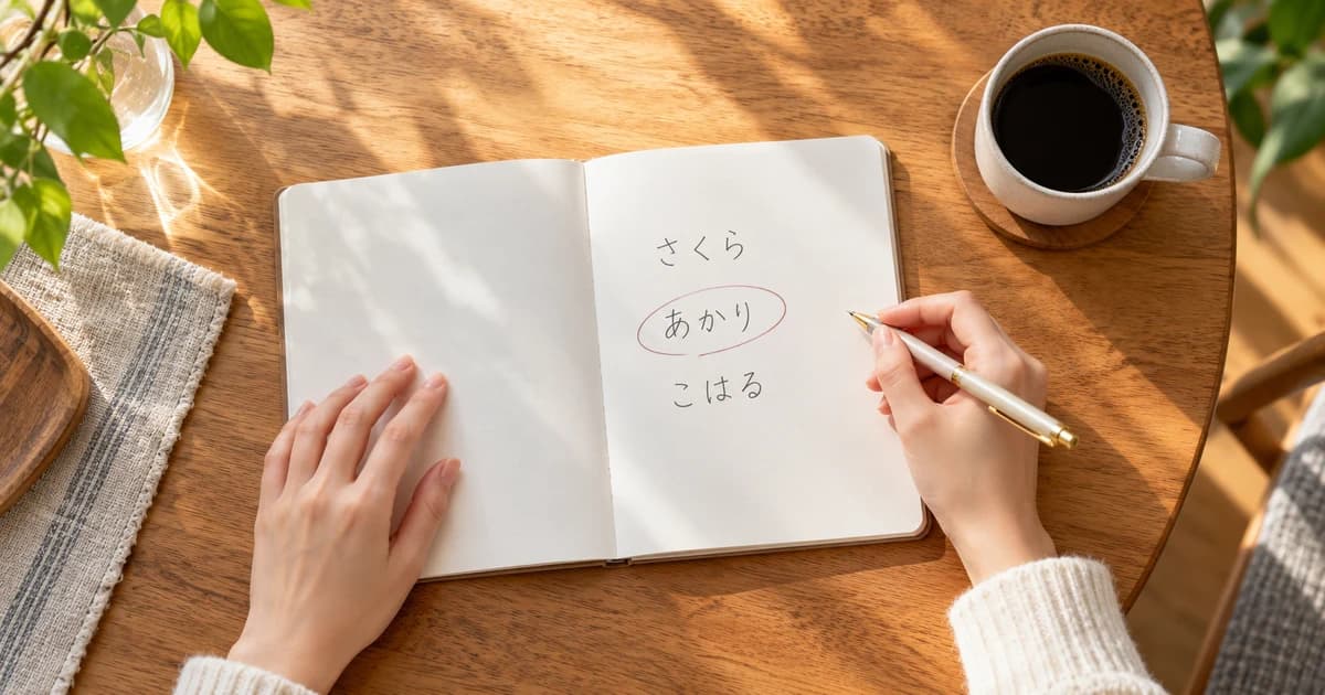 朝の明るいリビングのテーブルで、ノートに名前の候補を書きながら考えている女性を真上から見た手元