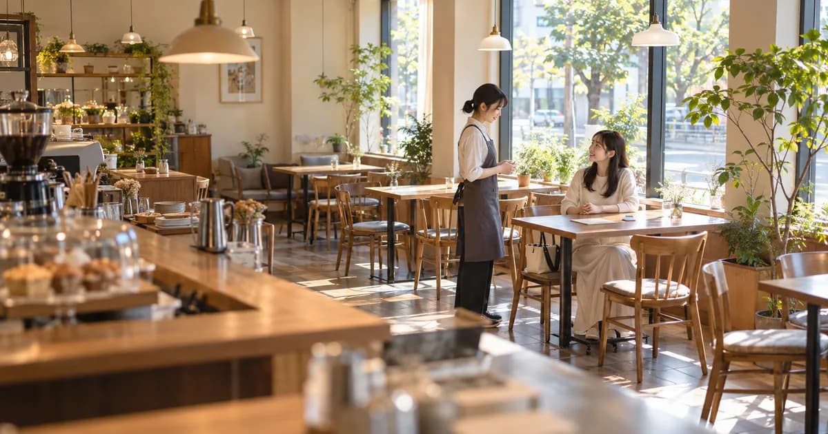昼下がりの日の差すカフェの窓際の席で、店員と笑顔で話している女性を、カウンターの奥から広めに