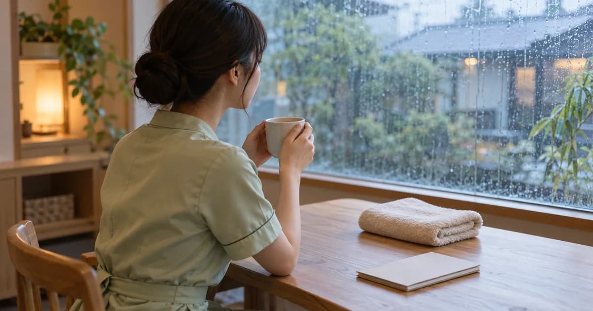 雨の朝の控え室で、淡い緑の制服のセラピストが窓のほうを向いて温かいお茶を持っている横顔