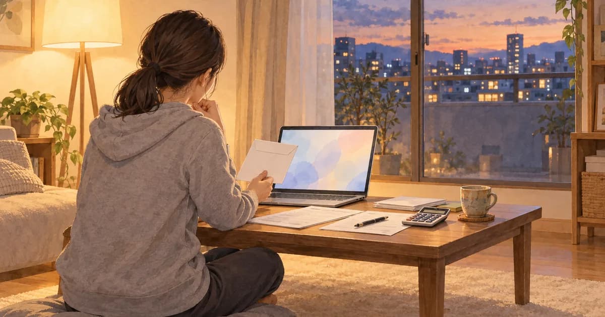 夕暮れの街が見える部屋で、グレーのパーカーの女性が床の座布団に座り、白い封筒を手にノートパソコンと書類の並んだ低いテーブルに向かう姿を、後ろ斜めから