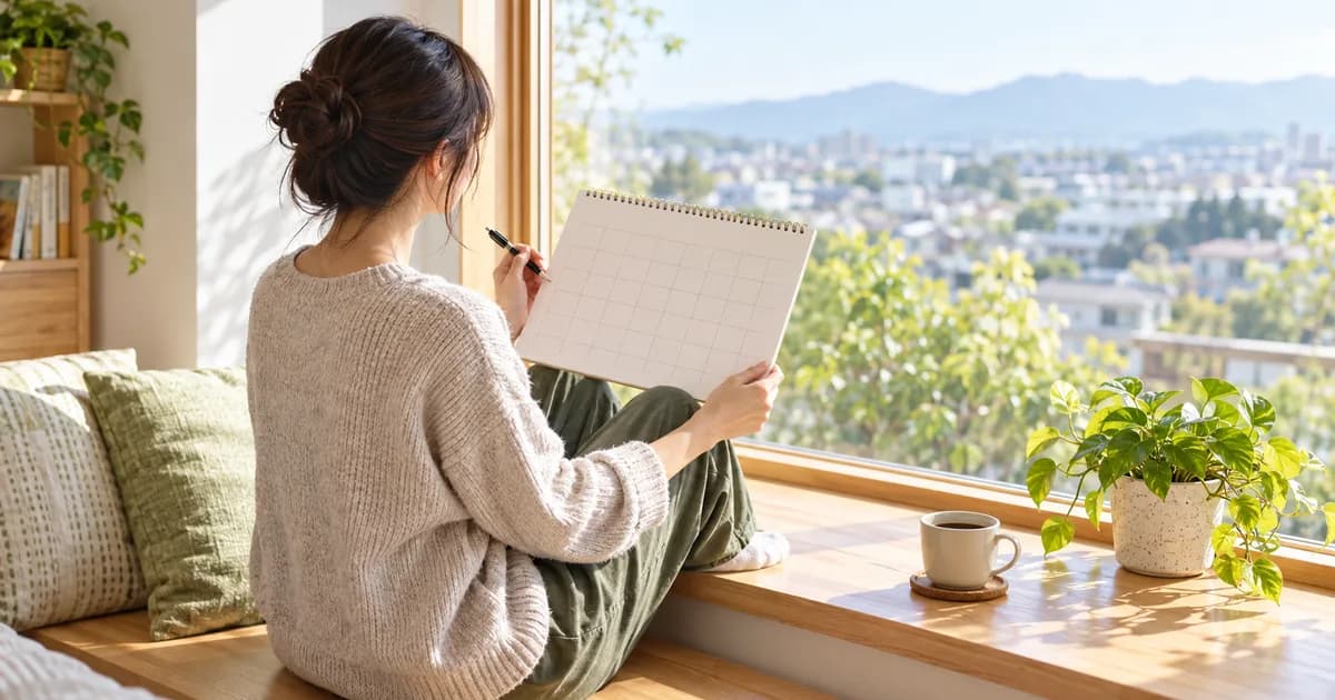 朝の窓辺で、カレンダーを手に出勤する日を選んでいる女性の後ろ姿