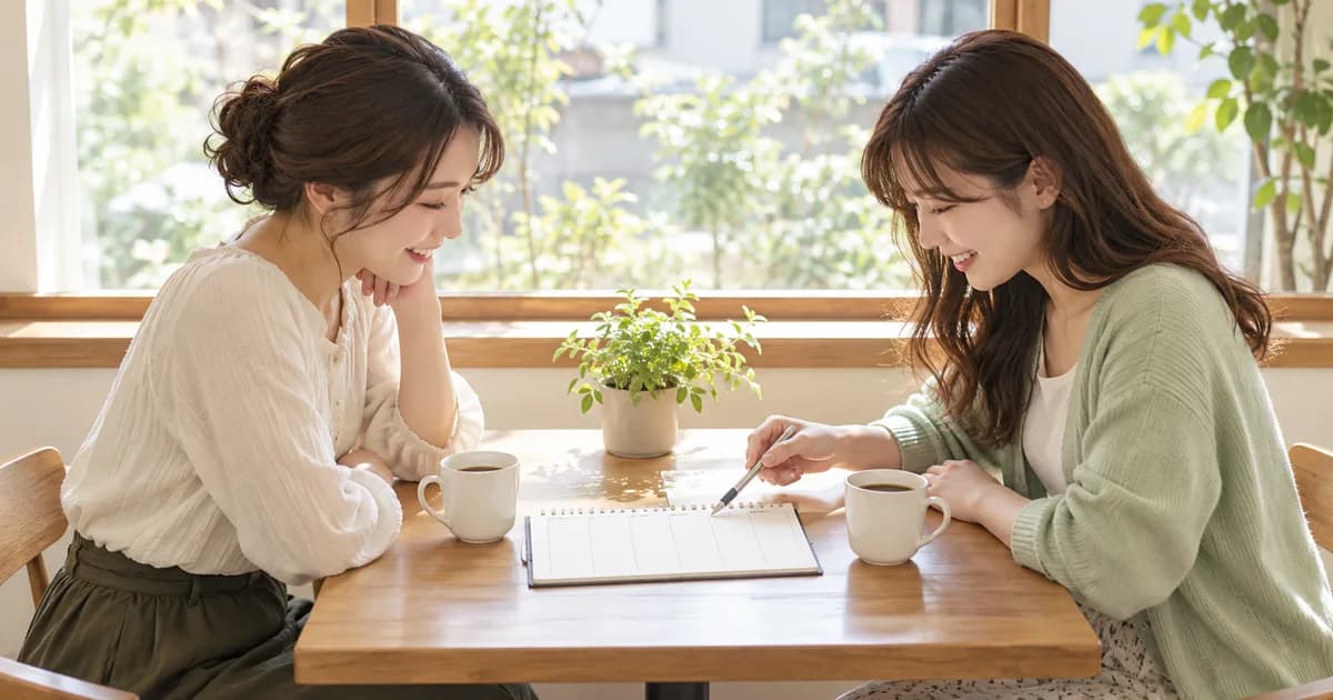 カフェの窓辺で、2人の女性が週間の予定表を見ながら相談している様子