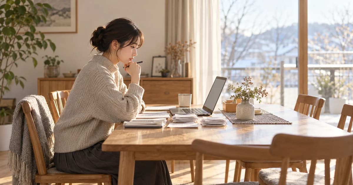 冬の午後、日の差すダイニングテーブルでノートパソコンと領収書の束を前に、ペンを持って考えている女性を少し離れた横から
