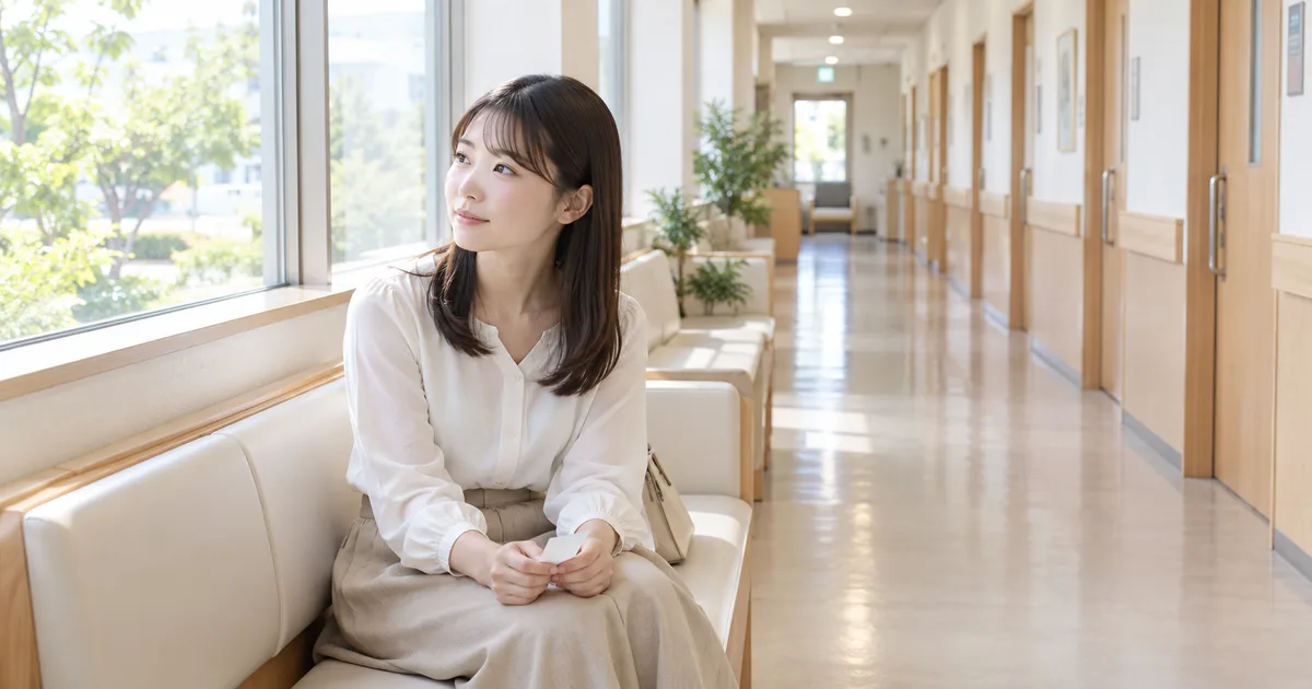 明るい診療所の廊下で、受付の番号札を手にソファに座り、窓の外を見ている女性を、奥へ続く廊下と一緒に横から
