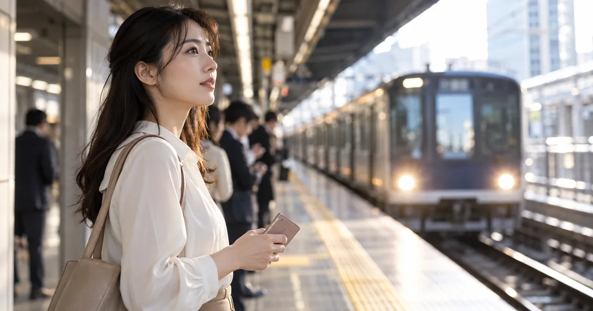 朝の駅のホームで、トートバッグを肩にかけ定期券ケースを手にした女性が、到着する電車のほうへ目を向けている様子を横から