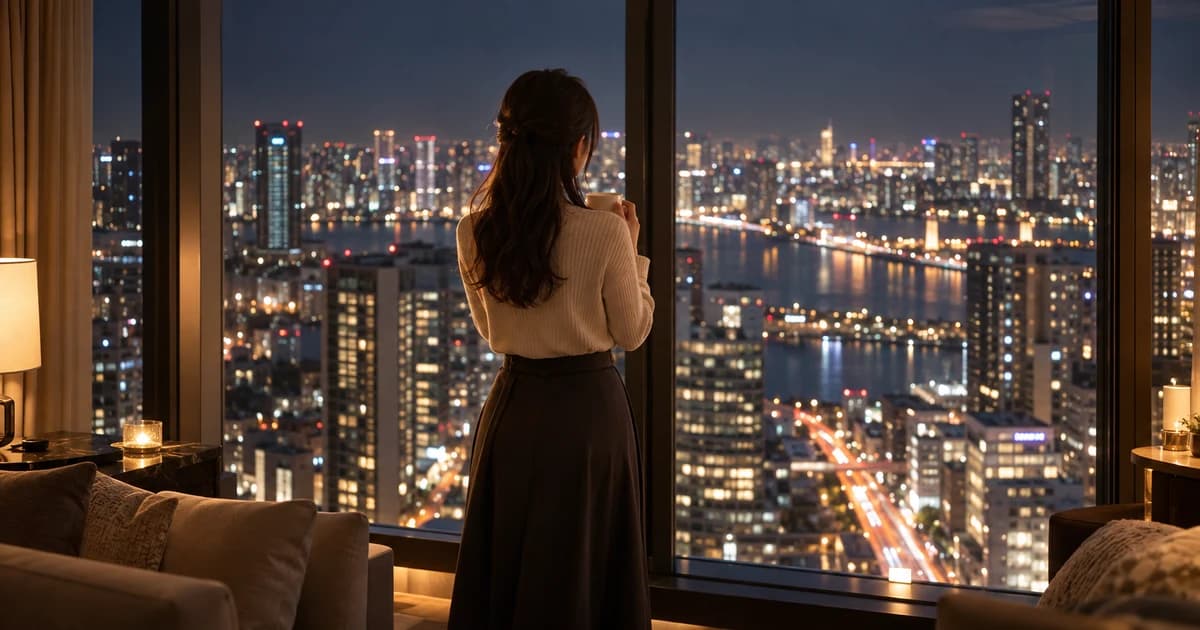 夜の窓辺で、街の明かりを見下ろしながら、温かい飲み物を持って一息つく女性を後ろから