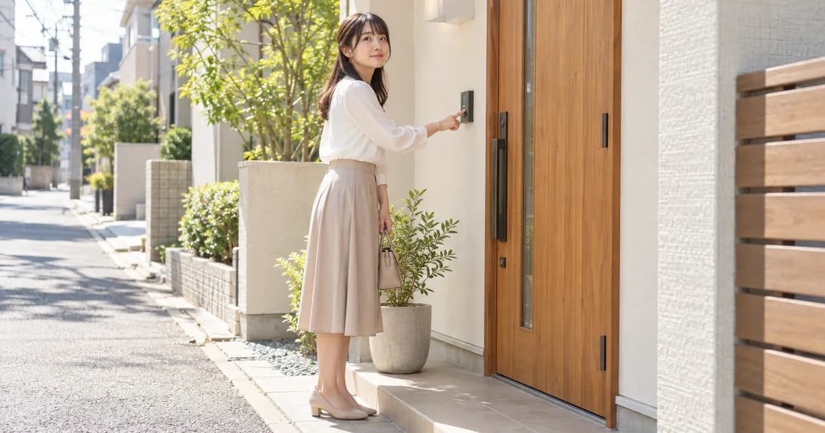 昼の静かな街で、面接に向かうため建物の入口の前に立っている白いブラウスの女性