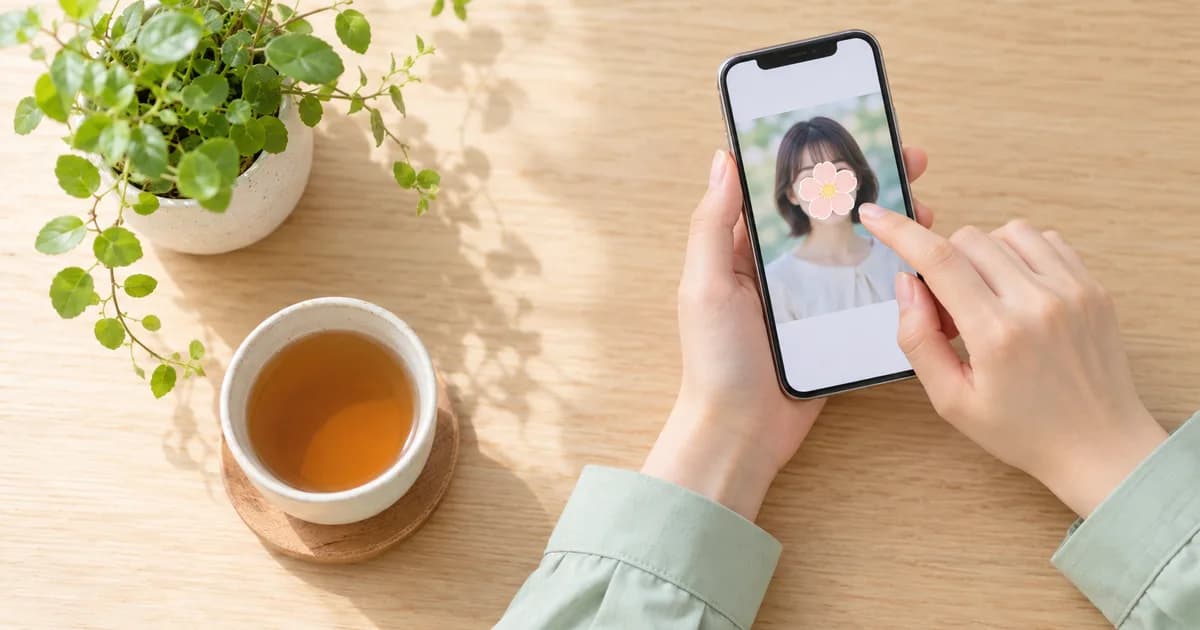 明るい机の上で、スマホのプロフィール写真の顔にシールを重ねている女性の手元