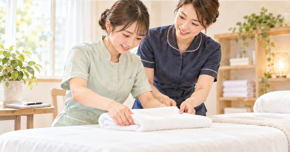 明るい講習の部屋で、ミント色の制服の新人セラピストが施術ベッドの上でタオルをたたみ、紺の制服の先輩が手を添えて笑顔で教えている様子を、横から近くで
