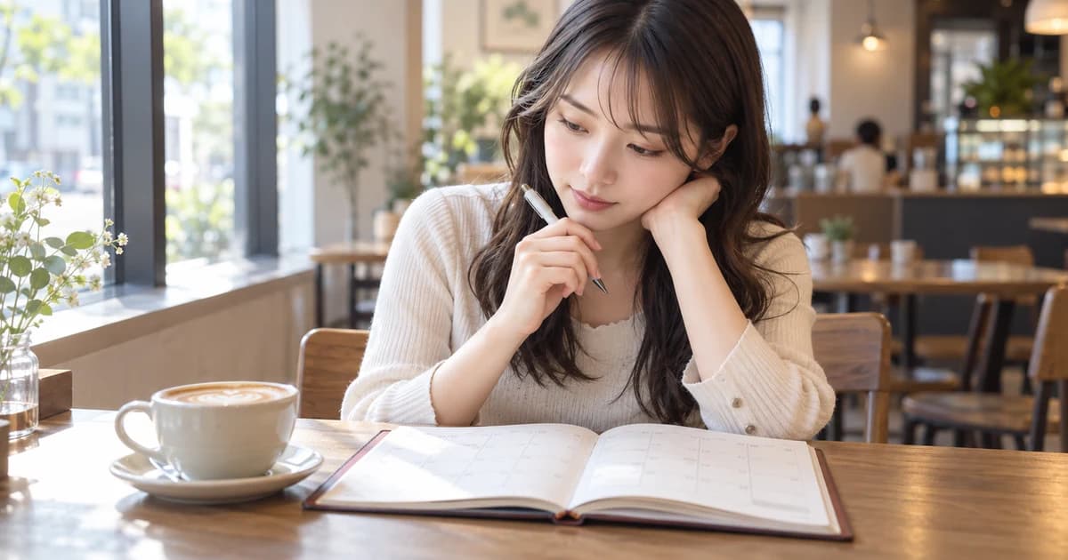 昼のカフェの窓際の席で、手帳の月間カレンダーを見ながら考え込む女性を斜め前から