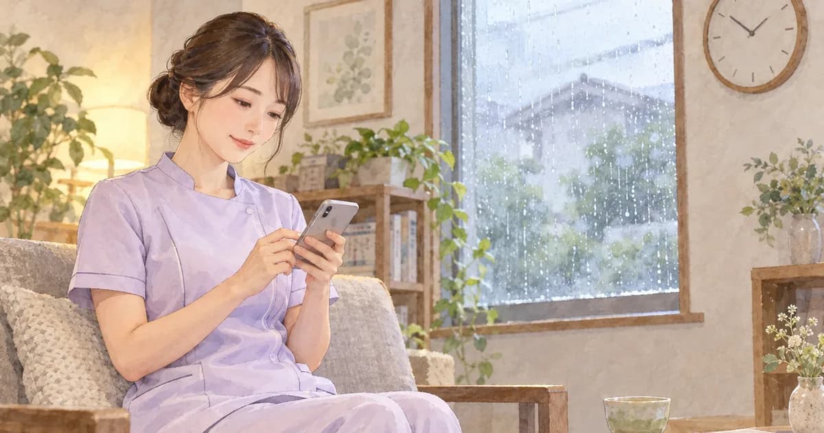 雨の降る窓と壁の時計がある待機室で、薄紫の制服のセラピストがソファに座り、お茶を横に置いて落ち着いた表情でスマホに文字を打っている様子を、右前から