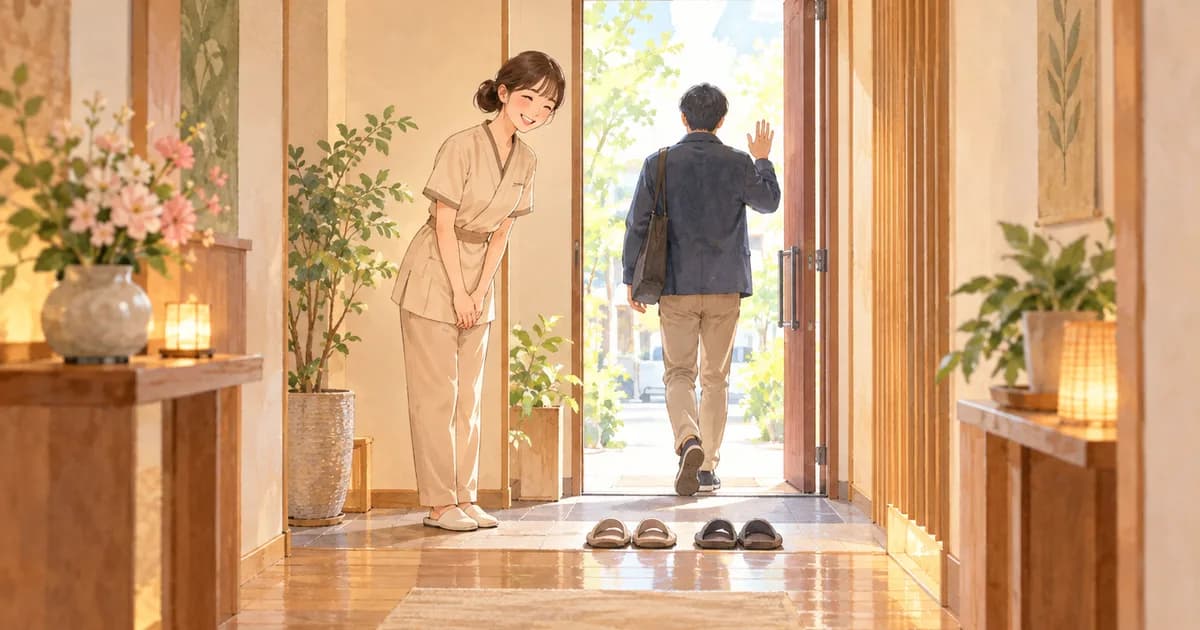 明るい廊下の奥から見た玄関で、ベージュの制服のセラピストがにこやかにおじぎをし、手を振って出ていくお客様の後ろ姿を見送っている様子を、広めに