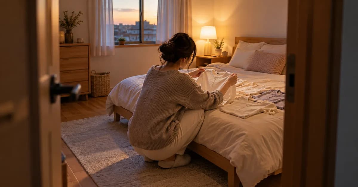 夕方の自宅の部屋で、ベッドの上に広げた数枚の服を前にしゃがんで1枚を手に取っている女性を、ドアの入口から斜め後ろ