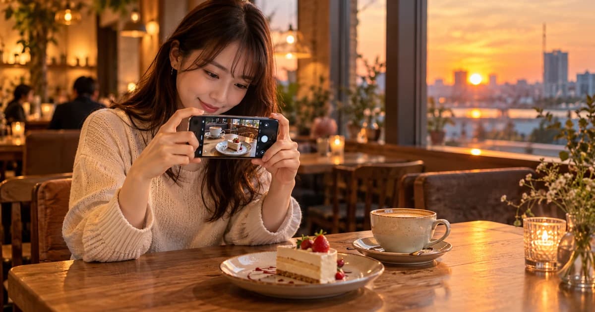 夕方のカフェの窓際で、スマホを片手にケーキの写真を撮っている女性を正面から
