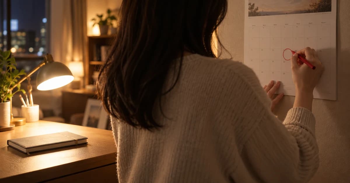 夜の部屋のローテーブルで、壁掛けカレンダーに赤ペンで印をつけている女性を斜め後ろから