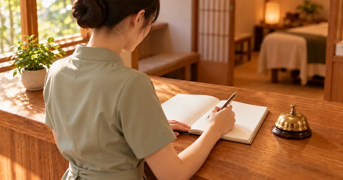 午後の光が入る受付で、淡い緑の制服のセラピストが予約帳に書き込んでいる後ろ姿