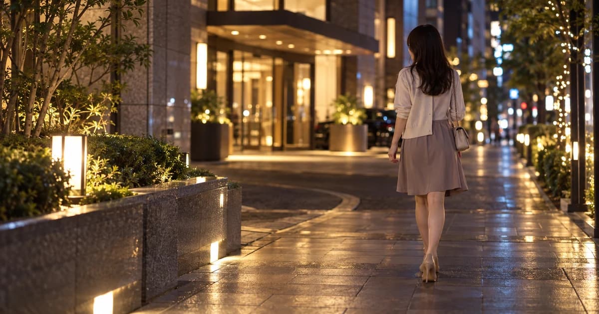 夜のホテル街の歩道を、小さなバッグを肩にかけて歩く女性を少し離れた斜め後ろから