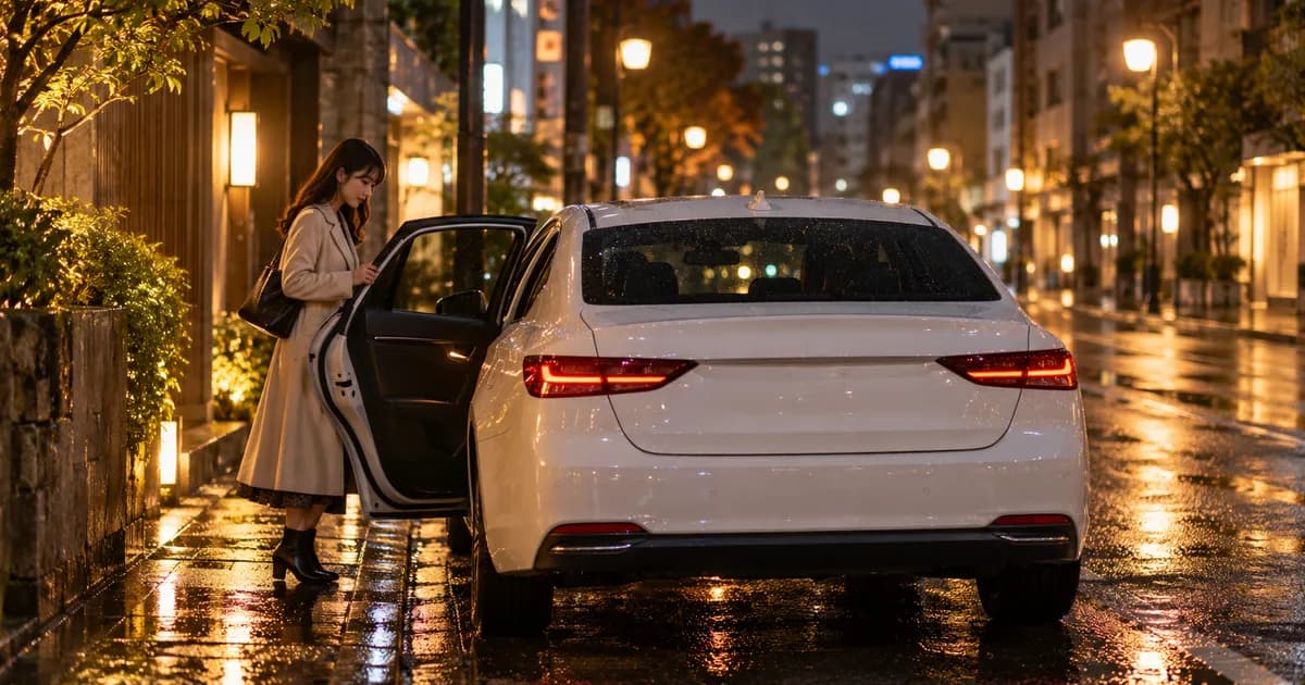 夜の静かな街で、送迎の白い車に乗り込もうとしているコート姿の女性