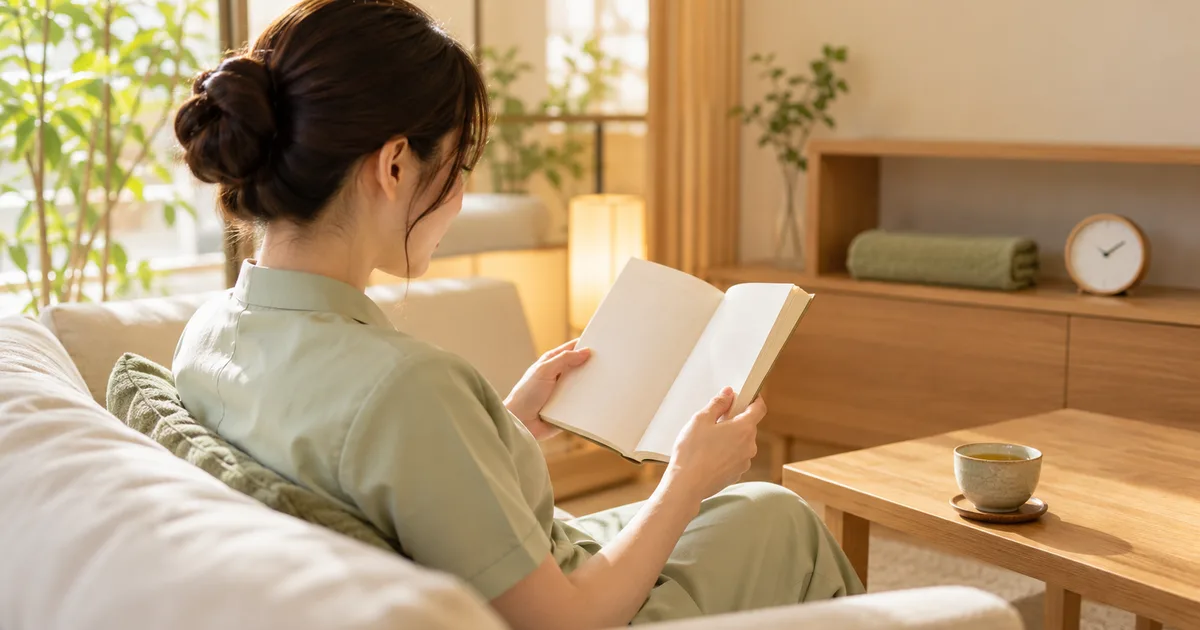 午後の待機室のソファで、本を読みながらお茶を飲んでいるセラピストの横顔