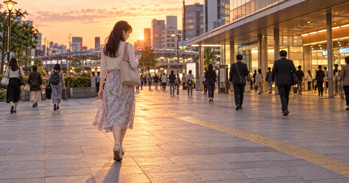 夕方の駅前の歩道で、肩にトートバッグをかけた女性がスマホの画面を見ながら歩き出す姿を、後ろ斜めから