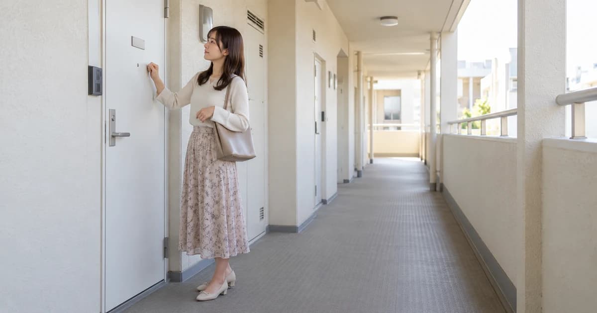 昼のマンションの廊下で、小さなプレートのかかった白いドアの前に立つ女性を、少し引いた位置から